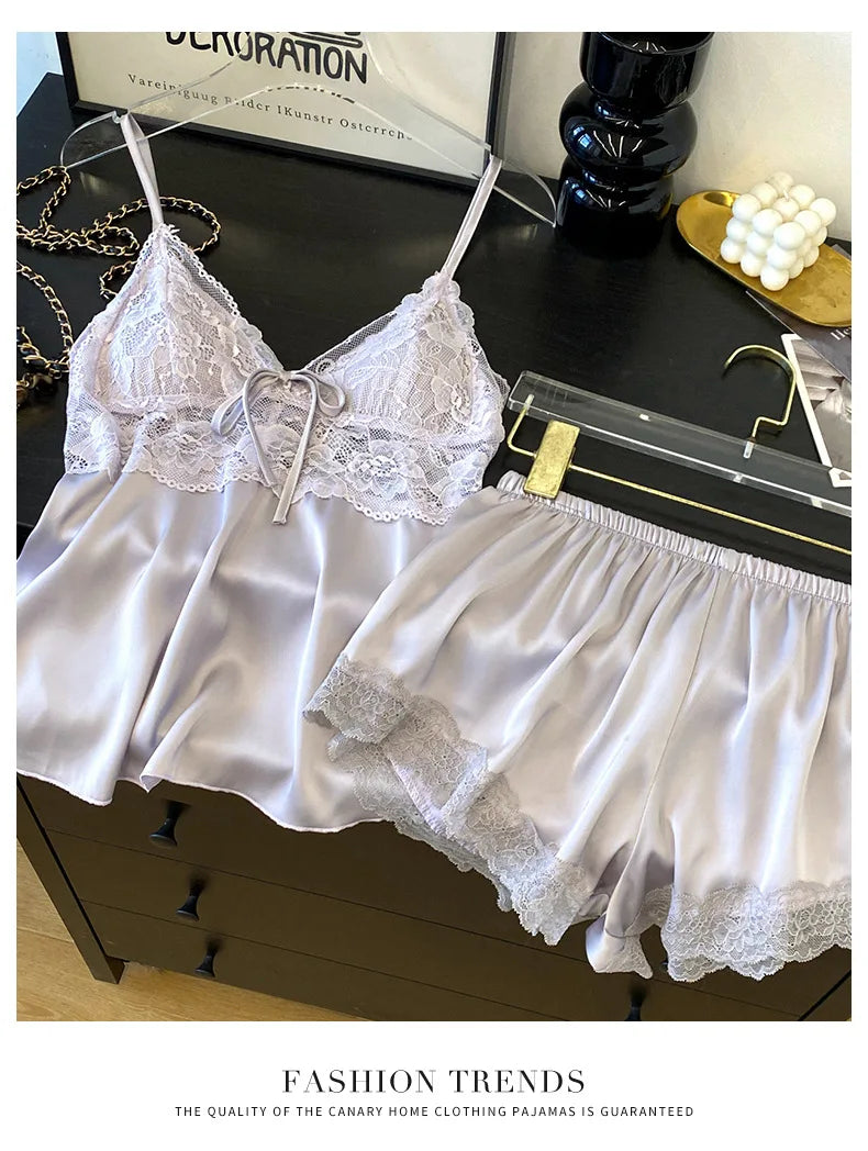 2PCS Women Lace Pajamas PJS Set Femme Satin Sleepwear Home Clothes Strap Camisole&Shorts Sleep Suit Summer V-Neck Lingerie