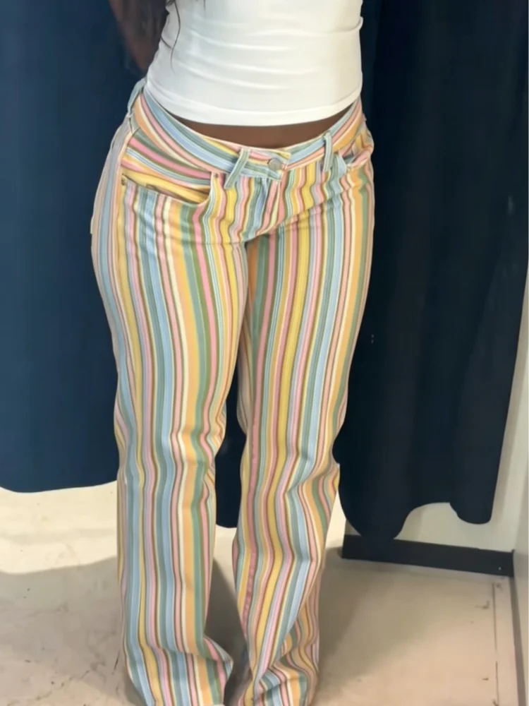 Colorful Striped Jeans for Women Low Waist Straight Leg Trousers High Street Casual Long Denim Pant 2026 NEW Daily Lady Jeans