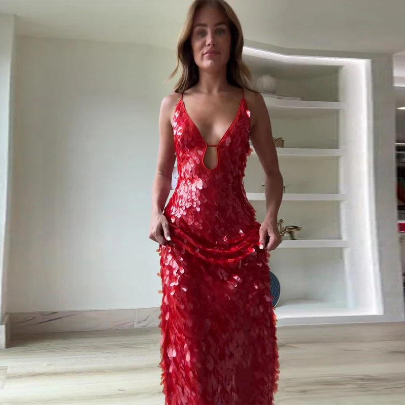 Fashion Sequined V Neck Sling Dress Women Evening Party Sleeveless Backless High Waist Maxi Dresses 2024 New Christmas Gown Robe