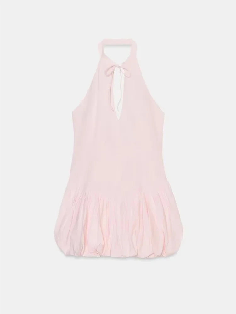 Pink Chic Halter Mini Dress Lady Backless Off-shoulder Hollow Out Lace Up Pleated Bubble Vestidos Women Party Club Dresses