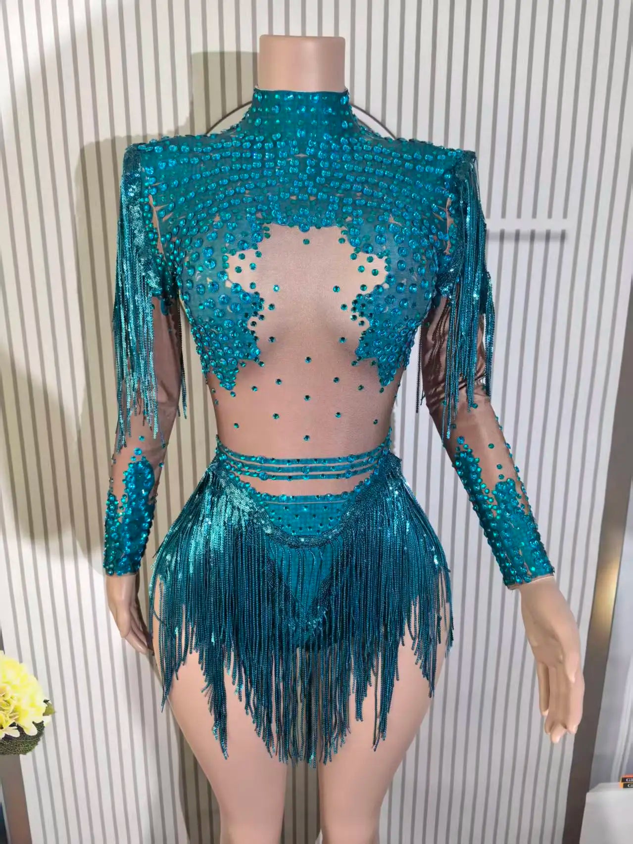 Sexy Elastic Rhinestone Tassel Party Bodysuit OutfiSet Women Nightclub Prom Crystal Fringe LeotardDance Stage Wear Nainiang Q025