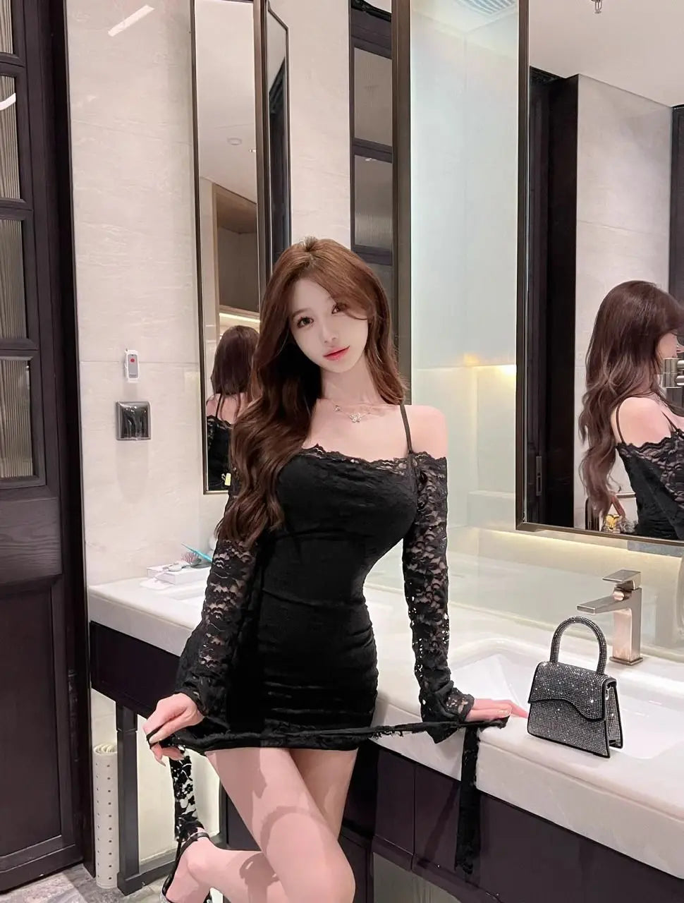 Sexy Pure Desire Lace Long Sleeve Bodycon Dress Women's Waist Cinched One Shoulder Short Skirt Tight Fit Base Layer Spring Su...