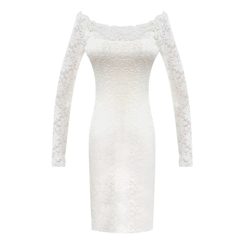 Blue Lace Mesh Slim Mini Dress Autumn New Style French Dress Elegant Feminine One Shoulder Slash Neck Lace Sexy Korean YRR6