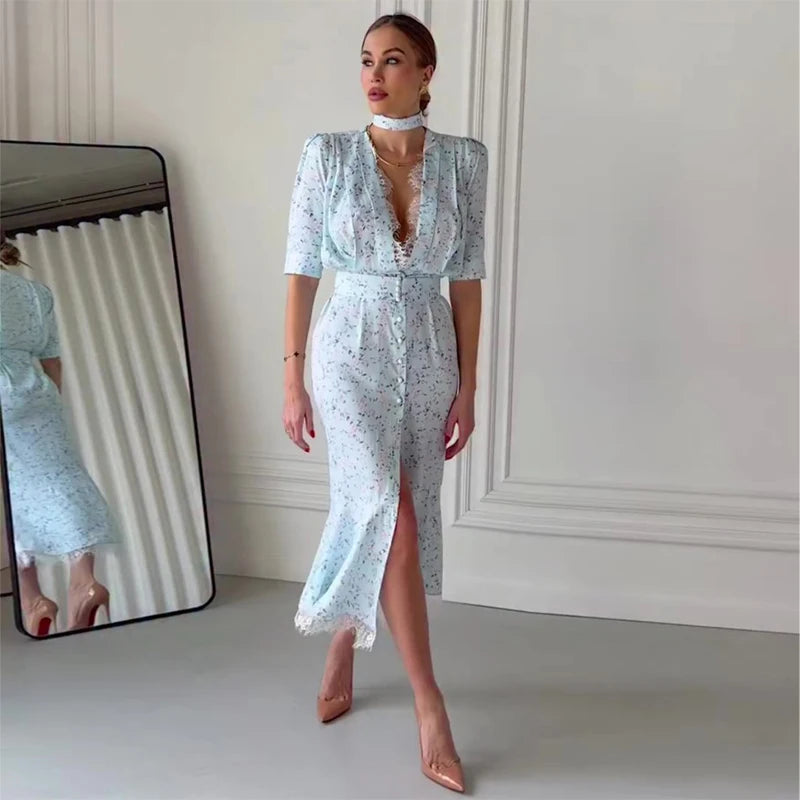 Pink Floral Print Slim Fit Dress Women Chic V-neck Ruffle Trim Flare Full Sleeves Ruched Slit Long Dresses Lady Elegant Wear New