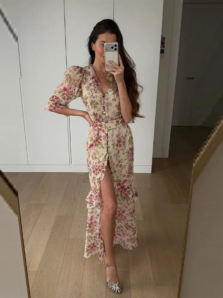 Flutter Sleeves Pleated Long Dress Women Chic Deep V-neck Floral Print Sexy Waist Cinching Vestidos Lady Holiday Street Dresses