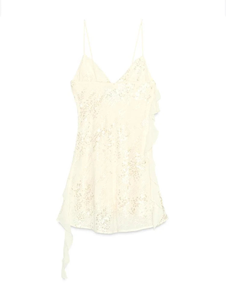 Women's Sexy Sequin Ruffle Short Dress Slim Spaghetti Strap Sleeveless Backless Party Gown for Summer 2025 Elegant Female Dress