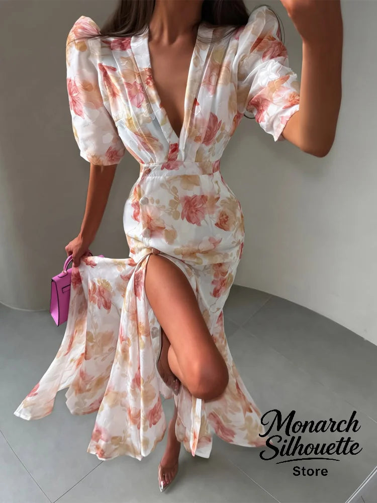 Pink Floral Print Slim Fit Dress Women Chic V-neck Ruffle Trim Flare Full Sleeves Ruched Slit Long Dresses Lady Elegant Wear New