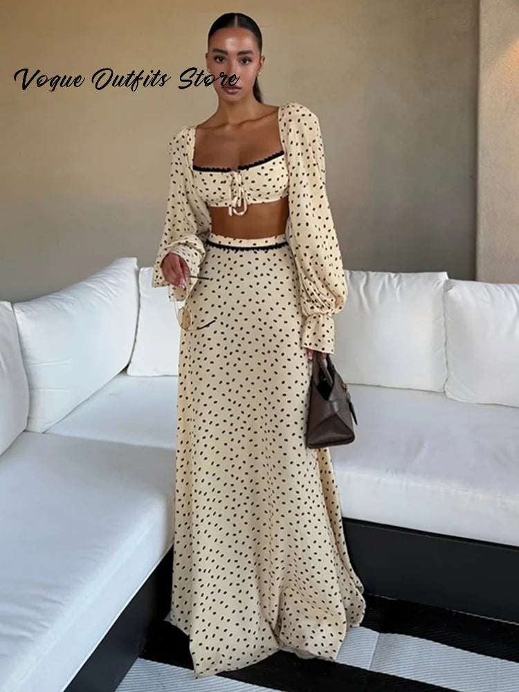 Sexy Polka Dot Cropped Top Long Skirt Women Lantern Sleeve Slash Neck Lace Up Top Maxi Skirts 2026 Summer Lady Beach Outfits