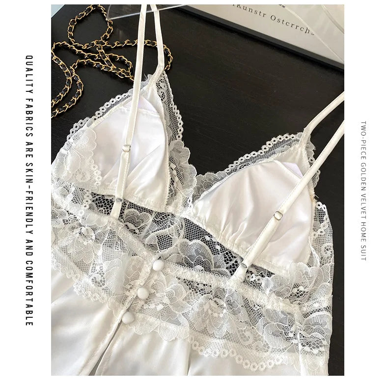 2PCS Women Lace Pajamas PJS Set Femme Satin Sleepwear Home Clothes Strap Camisole&Shorts Sleep Suit Summer V-Neck Lingerie