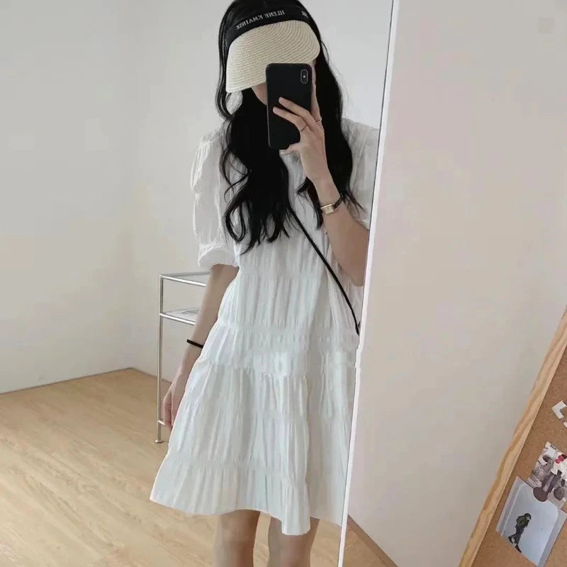 Fashion French Pleaded Dress for Women Elegant Casual Loose Short Sleeve Summer Dress Office Lady Party Dresses Robe New 27992