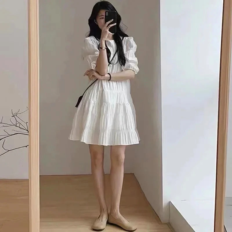 Fashion French Pleaded Dress for Women Elegant Casual Loose Short Sleeve Summer Dress Office Lady Party Dresses Robe New 27992