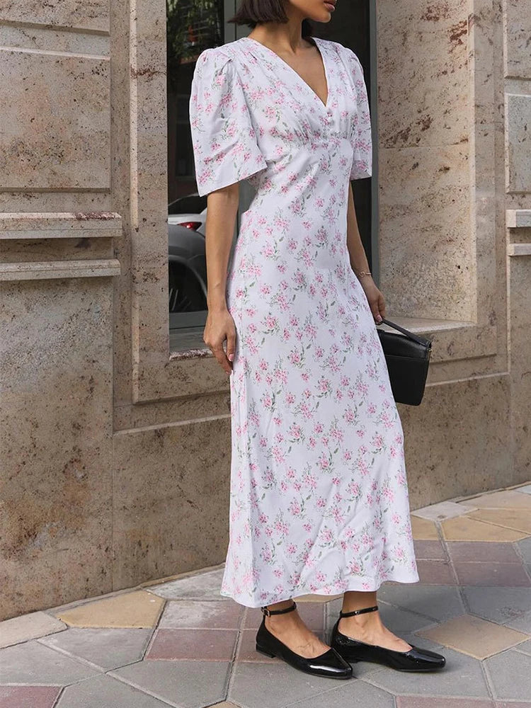 Summer Floral Printed V Neck Long Dress Women Elegant Short Sleeve High Waist Slim Maxi Dress Casual Street Party Lady Vestidos