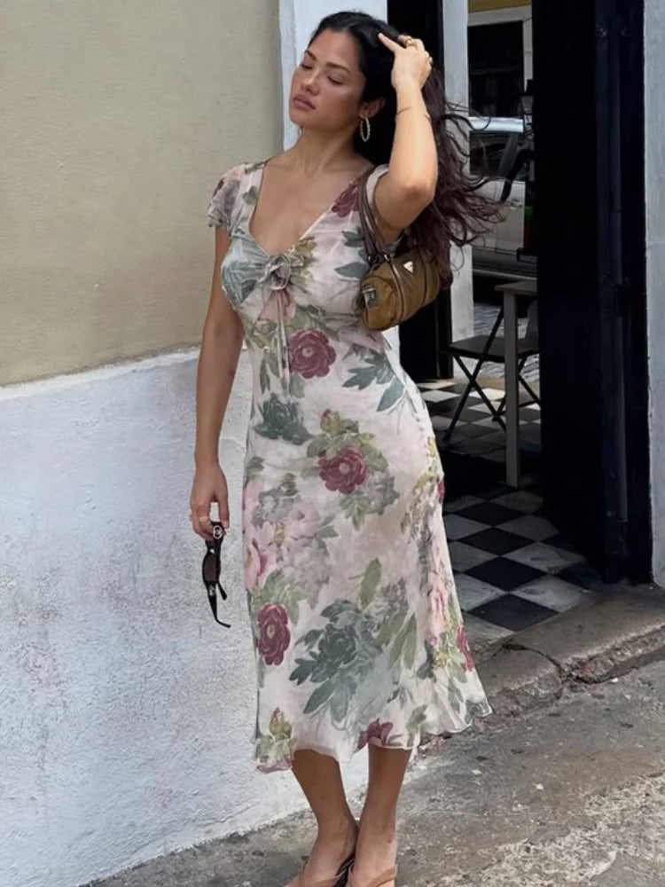 Flutter Sleeves Pleated Long Dress Women Chic Deep V-neck Floral Print Sexy Waist Cinching Vestidos Lady Holiday Street Dresses