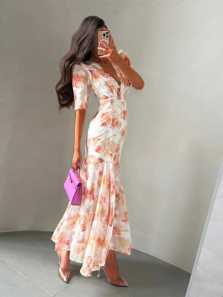 Pink Floral Print Slim Fit Dress Women Chic V-neck Ruffle Trim Flare Full Sleeves Ruched Slit Long Dresses Lady Elegant Wear New