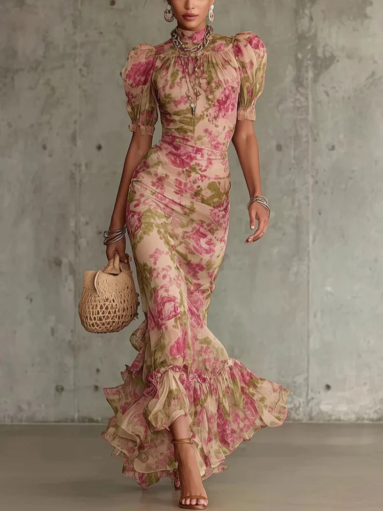 Pink Floral Print Slim Fit Dress Women Chic V-neck Ruffle Trim Flare Full Sleeves Ruched Slit Long Dresses Lady Elegant Wear New