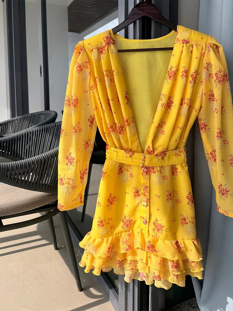 Elegant Print Low-cut Ruffle Short Dress Women V-neck Short-sleeved Waist Cinching Pleated Mini Dresses Lady Party Vestidos 2026