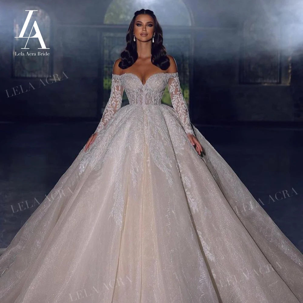 Off the Shoulder Ball Gown Wedding Dress 2026 Long Sleeve Chapel Train Princess Bride LelaAcra SM103 Custom Vestido de Noiva