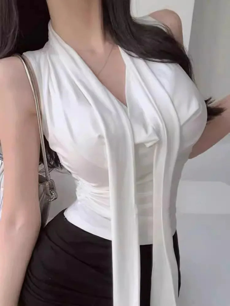 Dongda Gate Pure Desire Sexy Woman Flavor Sleeveless T-shirt Upper Body with Sash Ladylike Temperament Commuter Style Regular...