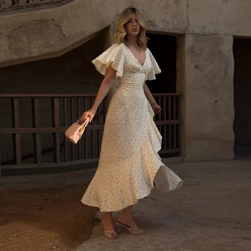 Elegant Printed Ruffles Long Women's Dress Asymmetric V-neck Flare Sleeve Slit Party Dresses 2026 Summer Floral Vacation Robes
