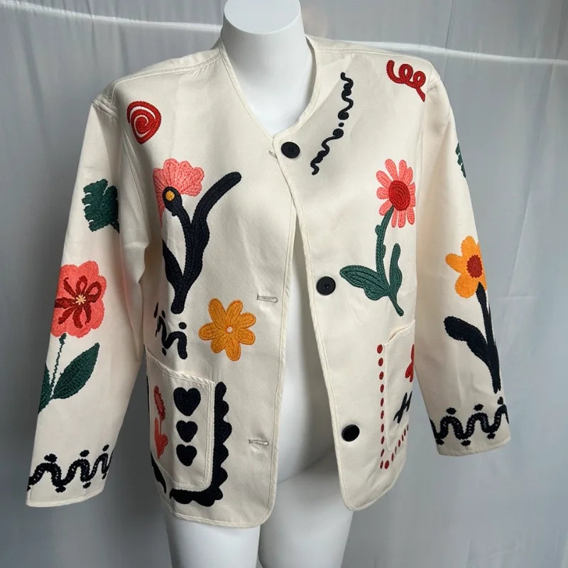 Women Print Floral Jacket Colorful Casual O-neck Long Sleeve Single Breasted Pocket Jackets 2026 Spring Summer Chic Retro Coat