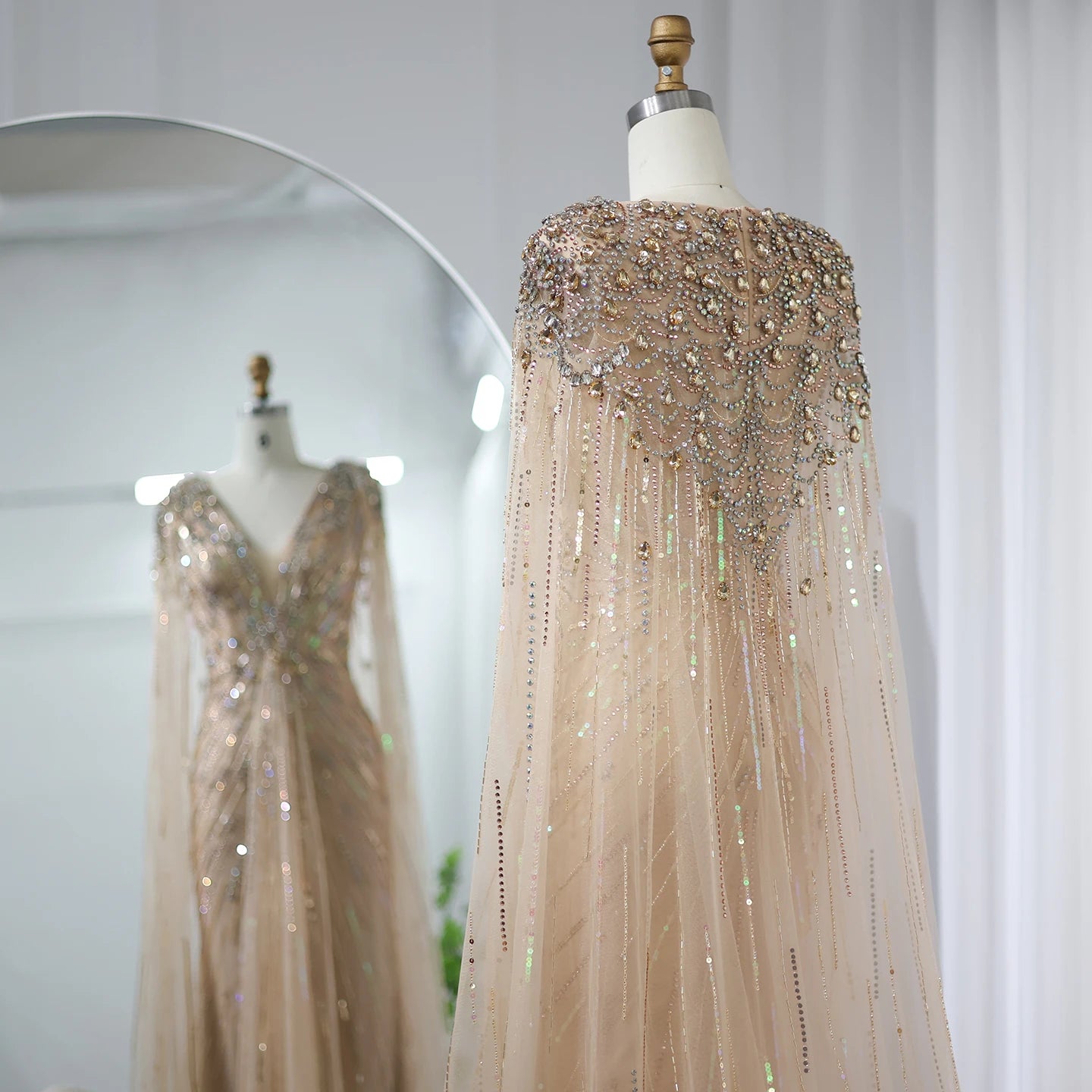Sharon Said Luxury Dubai Sage Green Evening Dresses with Cape Fuchsia Crystal Gold Women Wedding Party Gowns SS399 Customized
