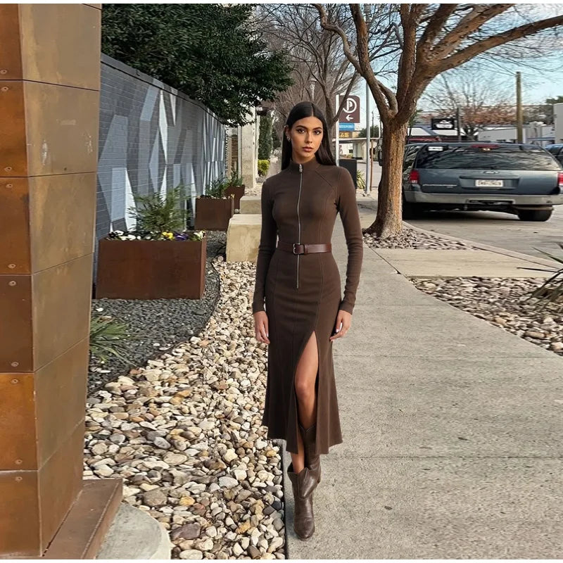 Vintage Half High Neck Long Sleeve Short Dress Women Fashion High Waist Pleasted Zipper Slim Dresses Female Autumn Chic Cloth
