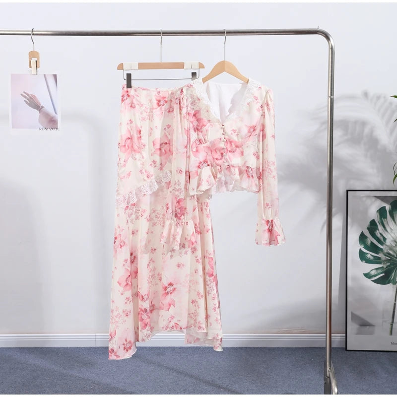 Floral Print V-Neck Flare Sleeve Mermaid Set Waist Cinched Ruffle Hem 2026 Summer Party Women Gown Retro Elegant Lady Vestido