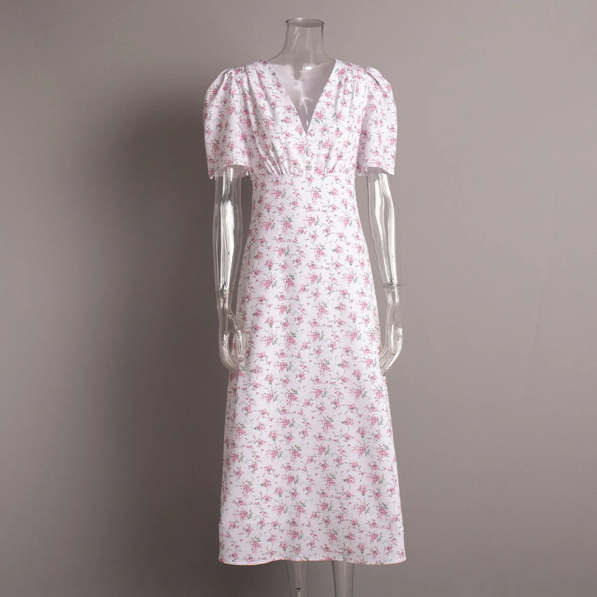 Summer Floral Printed V Neck Long Dress Women Elegant Short Sleeve High Waist Slim Maxi Dress Casual Street Party Lady Vestidos