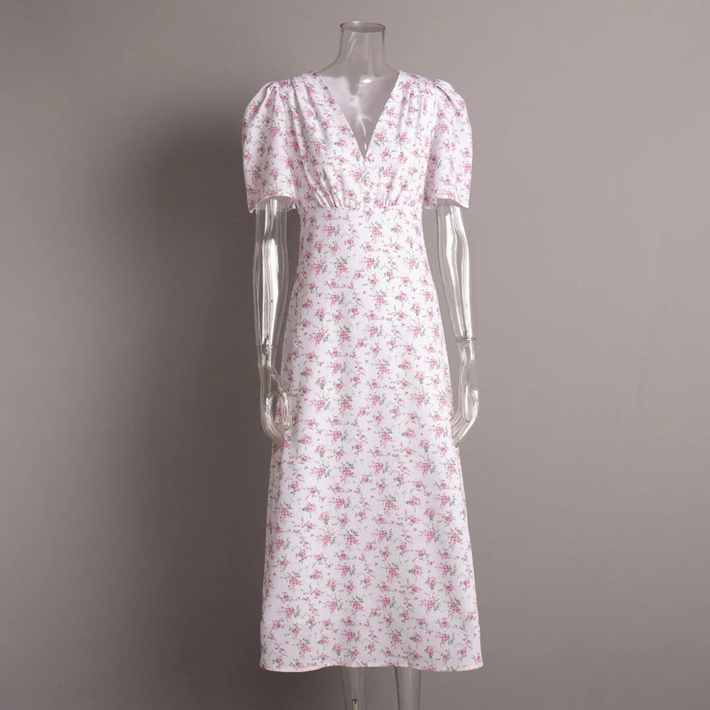 Summer Floral Printed V Neck Long Dress Women Elegant Short Sleeve High Waist Slim Maxi Dress Casual Street Party Lady Vestidos