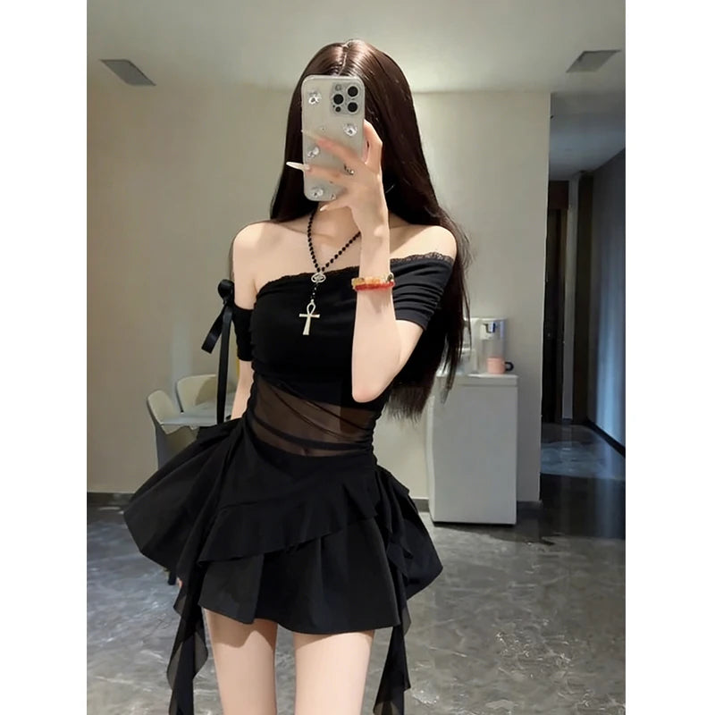 Black Asymmetrical Mesh Sleeve Top And Skirt Set Summer Sexy Slimming High Waist Puffy Skirt Two Piece Set for Young Women