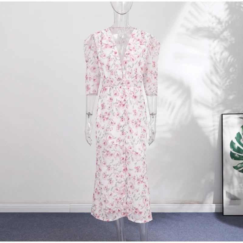 Elegant Printed Women's Dress Organza Deep V-neck Half Sleeved Waist Cinched Pleated Dresses 2026 Summer Lady Holiday Party Robe