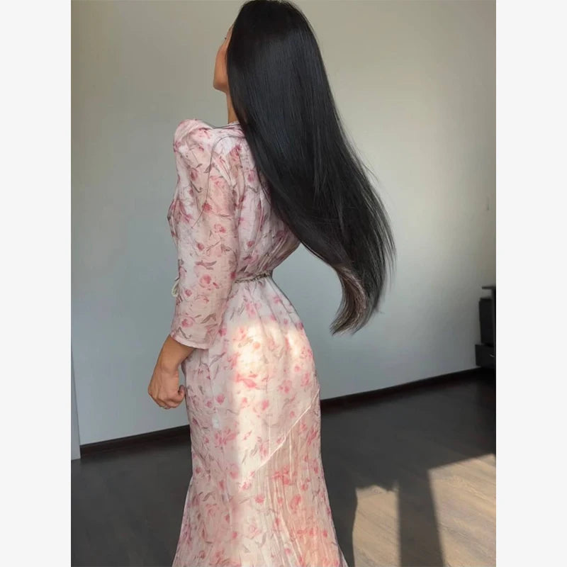 Women Orange Paisley Print Short Sleeve Maxi Dress Fashion V-neck Ruffle Trim Belted Slit Hem Dresses 2026 Lady Vacation Gown