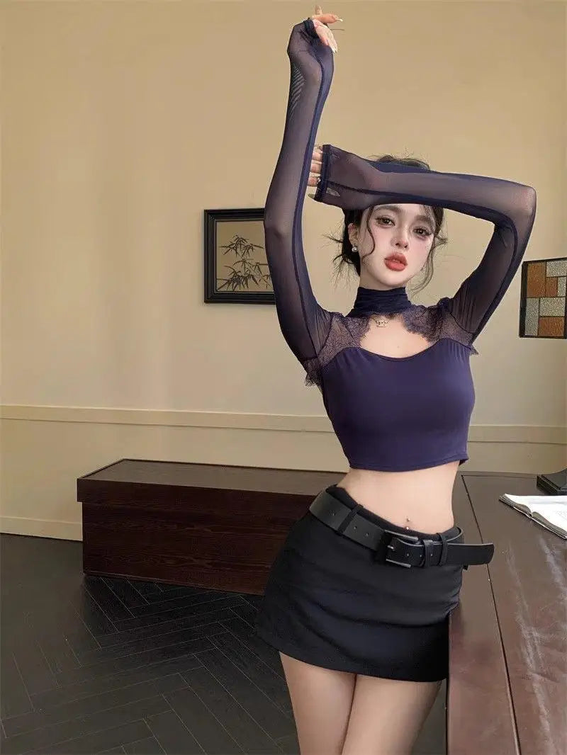 Long Sleeve Lace Splicing Hollow out T-Shirt Women's Spring Design Slim Fit Pure Sexy Purple Short Backless Top