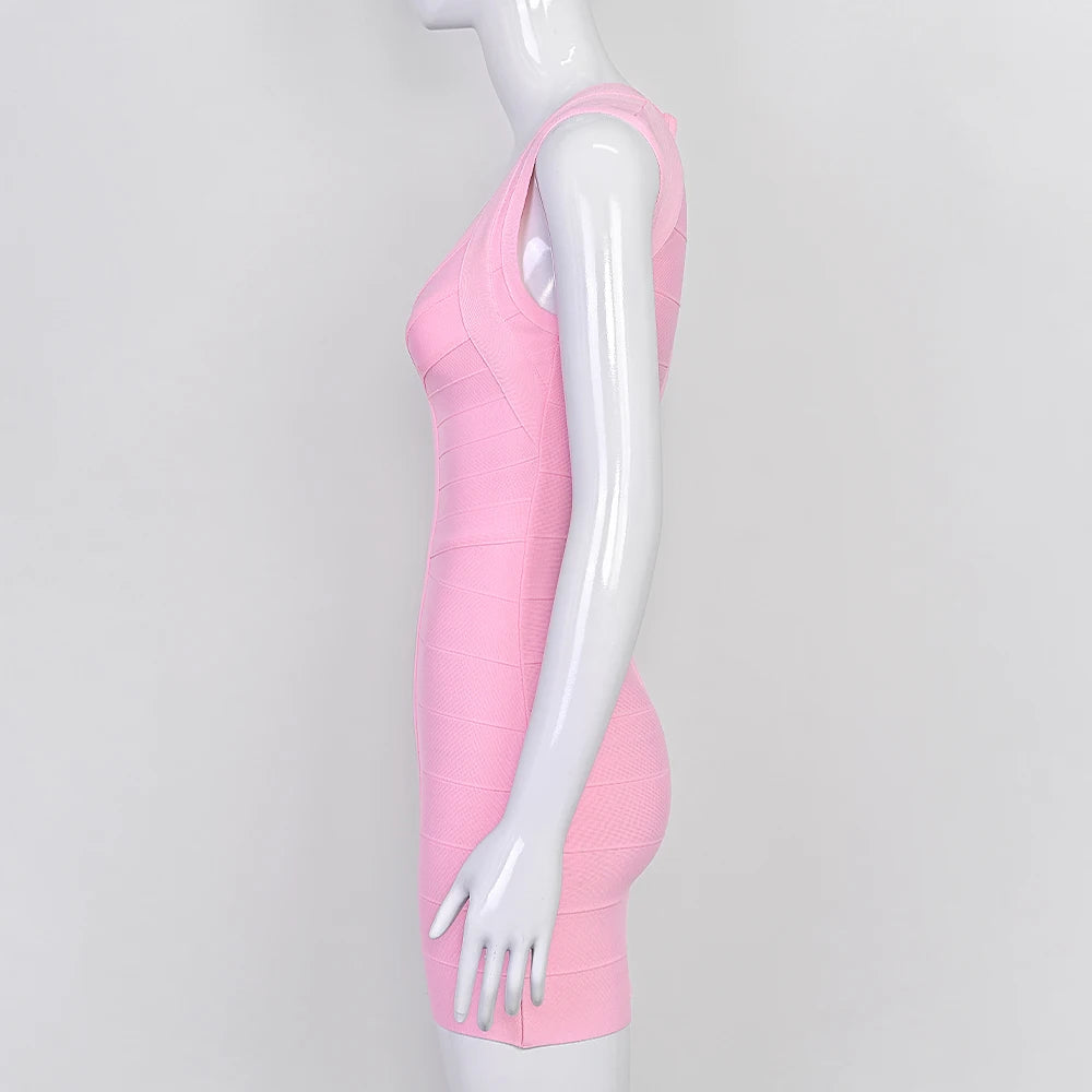 BEAUKEY Luxury Fashiong Trendy Pink Bandage Dress Plunge V Sexy Slim Evening Dresses Birthday Wedding Celebrity Lady Vestidos