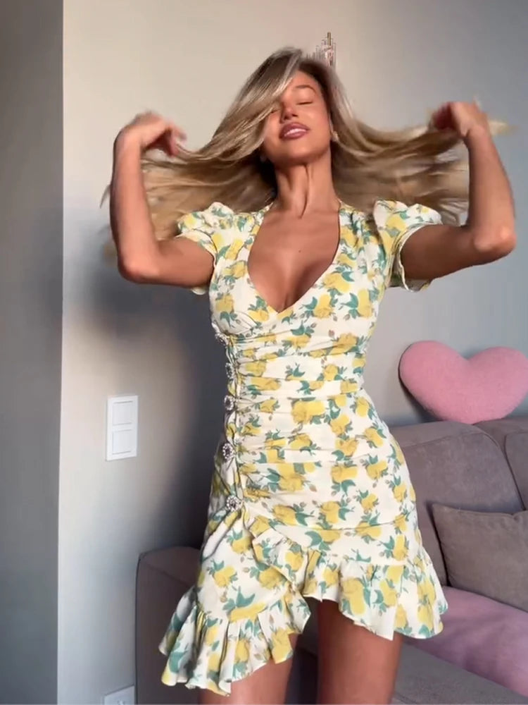 Elegant Print Low-cut Ruffle Short Dress Women V-neck Short-sleeved Waist Cinching Pleated Mini Dresses Lady Party Vestidos 2026