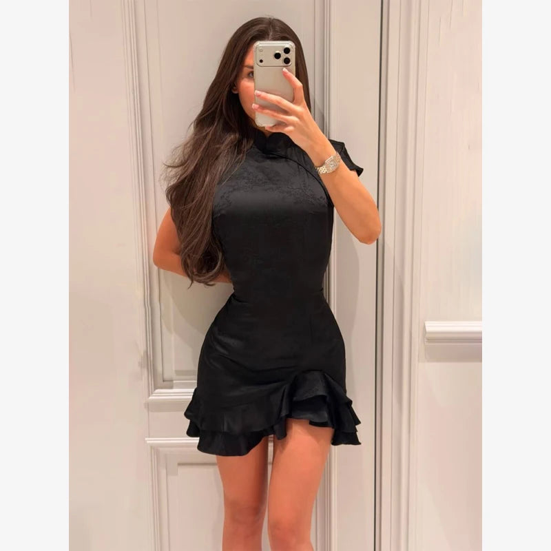 Elegant Print Low-cut Ruffle Short Dress Women V-neck Short-sleeved Waist Cinching Pleated Mini Dresses Lady Party Vestidos 2026