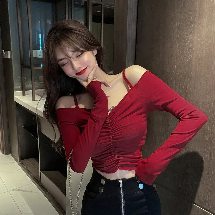 Hong Kong Style Short Crop Top Women's Tight Belly Shirt V-Neck Long Sleeve Cotton T-Shirt Korean Commute Style Base Shirt