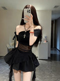 Black Asymmetrical Mesh Sleeve Top And Skirt Set Summer Sexy Slimming High Waist Puffy Skirt Two Piece Set for Young Women