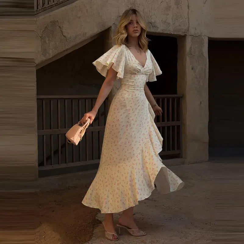 Elegant Printed Ruffles Long Women's Dress Asymmetric V-neck Flare Sleeve Slit Party Dresses 2026 Summer Floral Vacation Robes