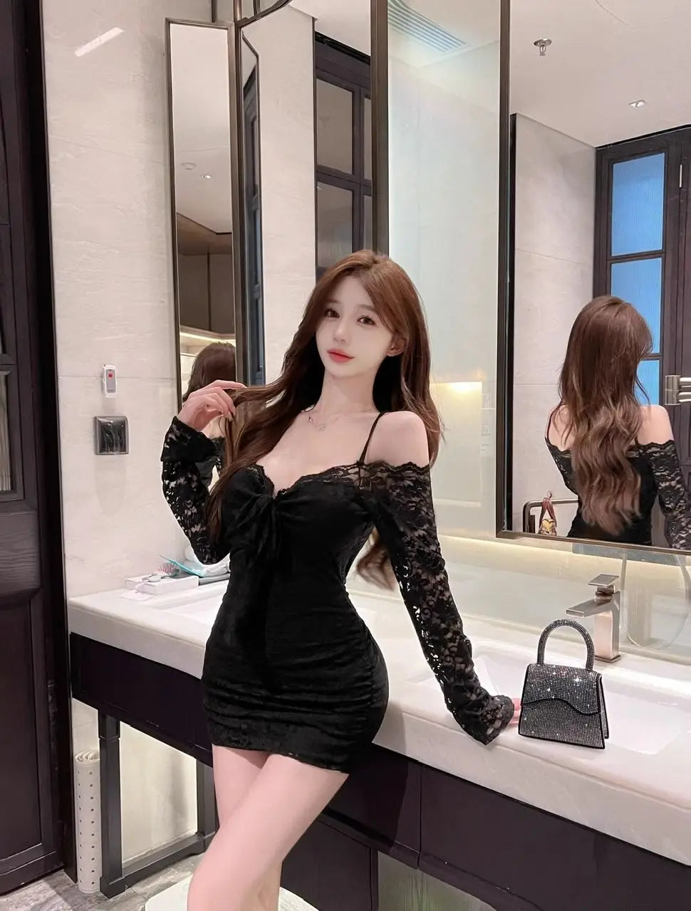 Sexy Pure Desire Lace Long Sleeve Bodycon Dress Women's Waist Cinched One Shoulder Short Skirt Tight Fit Base Layer Spring Su...