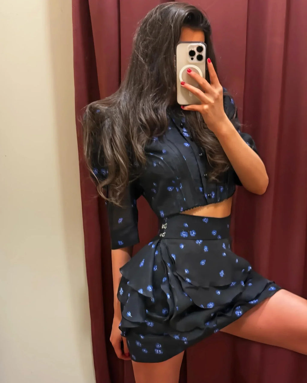 Women's Elegant Floral Print Two Piece Set Fashion Puff Sleeve Crop Top Layered Ruffle Mini Skirt Sets 2026 New Lady Daily Suits