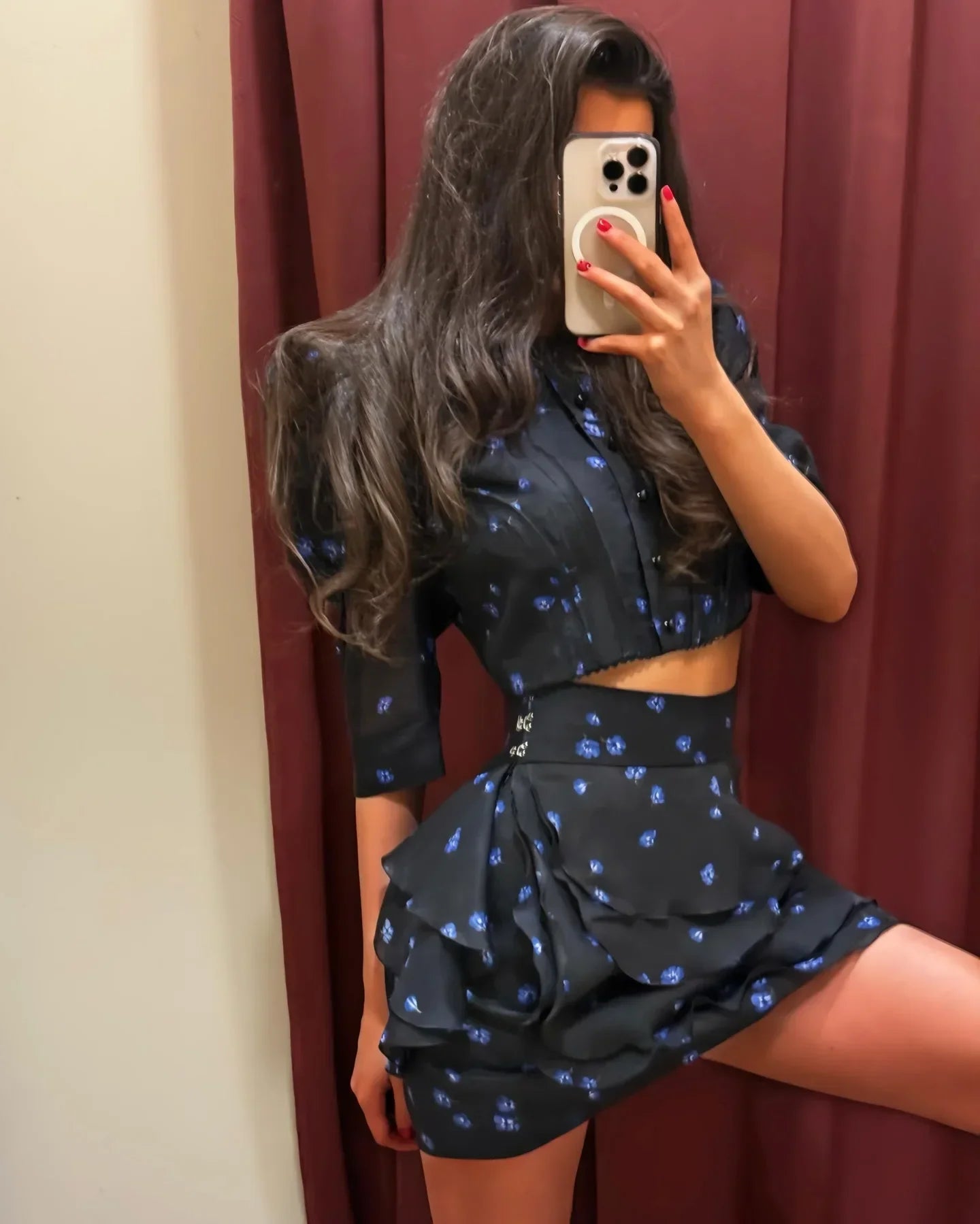 Women's Elegant Floral Print Two Piece Set Fashion Puff Sleeve Crop Top Layered Ruffle Mini Skirt Sets 2026 New Lady Daily Suits