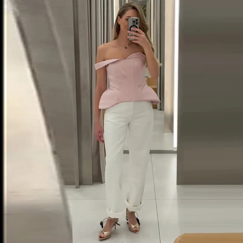 Sexy Women's Top Off Shoulder Slim Fish Bone A-line Hem Solid Female Corset 2026 Summer Fashion Chic Elegant Party Lady Outwear