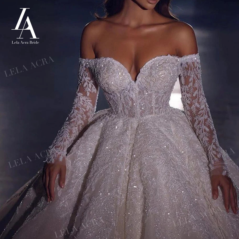 Off the Shoulder Ball Gown Wedding Dress 2026 Long Sleeve Chapel Train Princess Bride LelaAcra SM103 Custom Vestido de Noiva