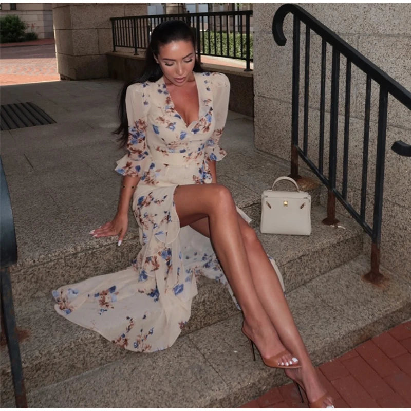 Padded Shoulder Ruffle Maxi Dress V-neck Low Slit Waist Cinching 2026 Springr Holiday Women Flowy Gown Chic Fashion Vestidoes
