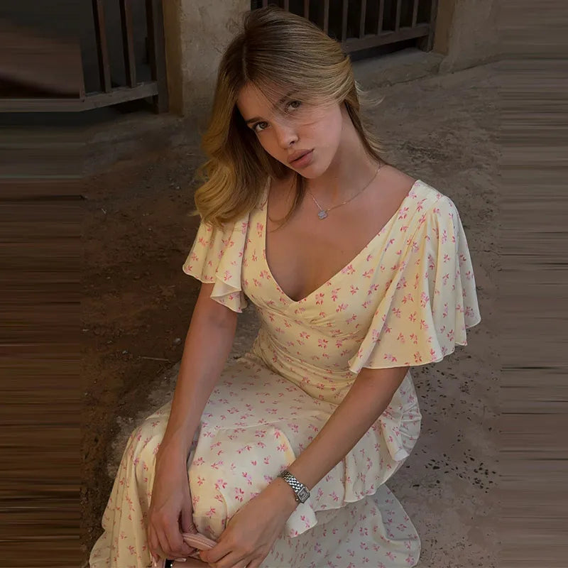 Elegant Printed Ruffles Long Women's Dress Asymmetric V-neck Flare Sleeve Slit Party Dresses 2026 Summer Floral Vacation Robes