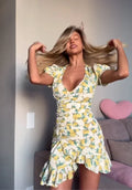 Elegant Print Low-cut Ruffle Short Dress Women V-neck Short-sleeved Waist Cinching Pleated Mini Dresses Lady Party Vestidos 2026