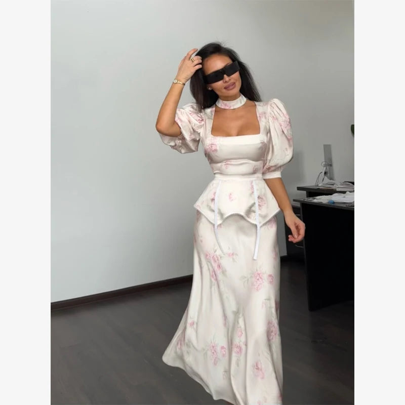 Women Orange Paisley Print Short Sleeve Maxi Dress Fashion V-neck Ruffle Trim Belted Slit Hem Dresses 2026 Lady Vacation Gown