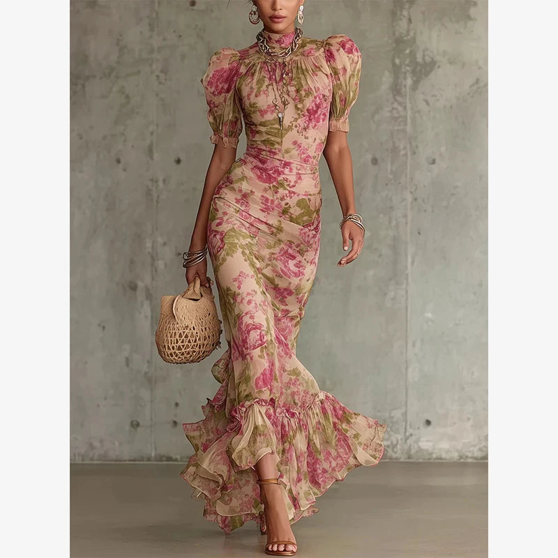 Pink Floral Print Slim Fit Dress Women Chic V-neck Ruffle Trim Flare Full Sleeves Ruched Slit Long Dresses Lady Elegant Wear New