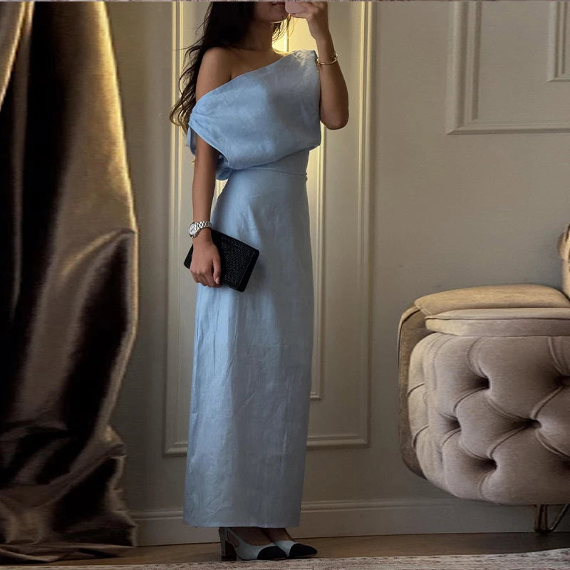 Elegant One Shoulder Solid Dress Women's Waist-cinching Side Split Ankle-length Dresses 2026 Summer New Lady Casual Cozy Robes